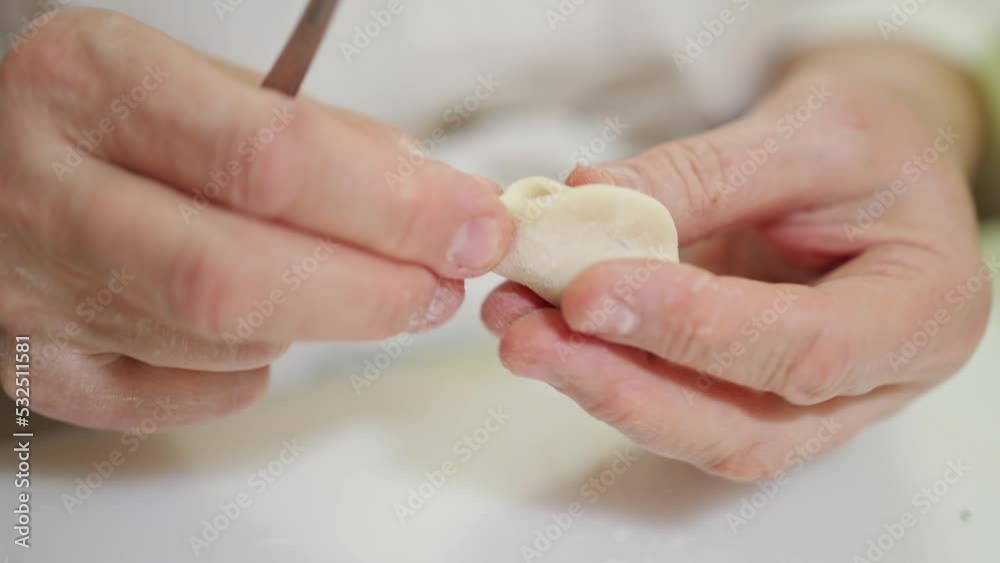 female hands mold dumplings. put the stuffing raw minced meat in the dough female hands mold dumplings. put the stuffing raw minced meat in the dough