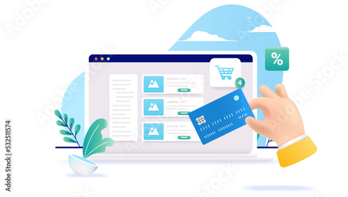 Webshop buying - Hand with credit card paying on online web shop on laptop computer. Vector illustration with white background