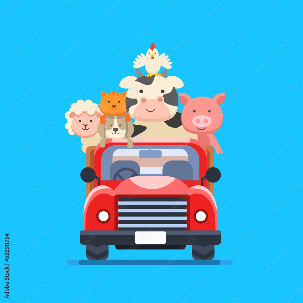 animals farm vector, cute farm animal illustration on red farm car. isolated in blue background animals farm vector, cute farm animal illustration on red farm car. isolated in blue background