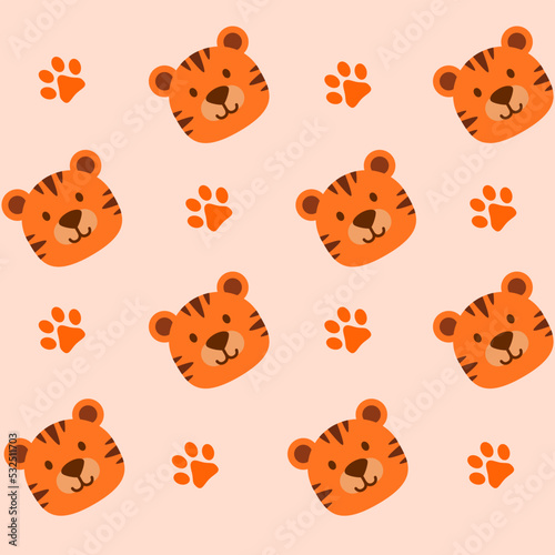 tiger seamless vector pattern, cute tiger head, paw prints, for fabric childish pattern