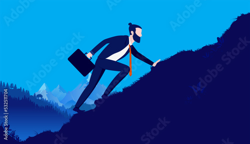 Business adversity and challenge - Businessman walking and climbing up hill trying to overcome problem and reach the top. Flat design vector illustration