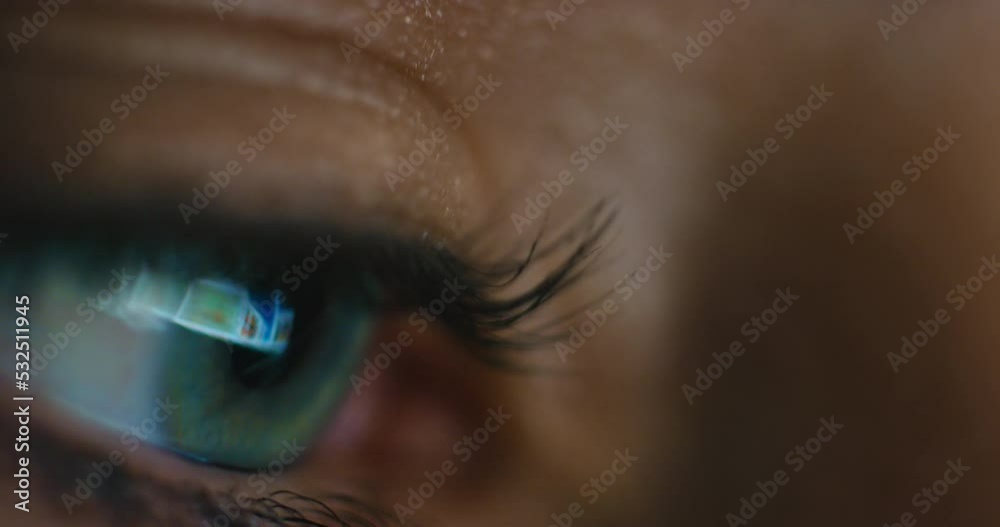Eye reflection of woman doing web, internet or social media search on online network site, webpage or website closeup. Seo worker or employee working on digital design layout for global media company