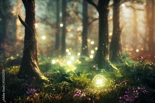 Fotografia 明かりの灯る森, 明かり,光る森, 木, 自然, 風景, 光, かすみ, 公園, 緑, 神秘的, ファンタジー, 妖精, 魔法の森, 神秘的な森, クリスマス,