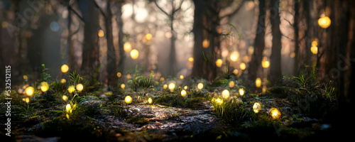 Stampa su tela 明かりの灯る森, 明かり,光る森, 木, 自然, 風景, 光, かすみ, 公園, 緑, 神秘的, ファンタジー, 妖精, 魔法の森, 神秘的な森, クリスマス,