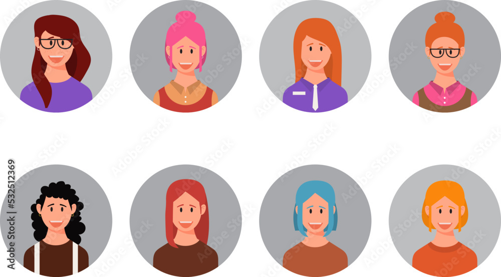 Women avatar set. Diversity group of cute young women. Vector illustration in flat style
Women avatar set. Diversity group of cute young women. Vector illustration in flat style