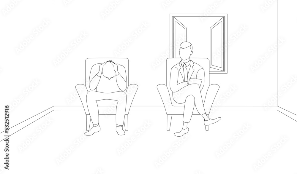 Line art of Psychiatrist sitting in armchair beside stressful patient and asking questions. Line art of Psychiatrist sitting in armchair beside stressful patient and asking questions.