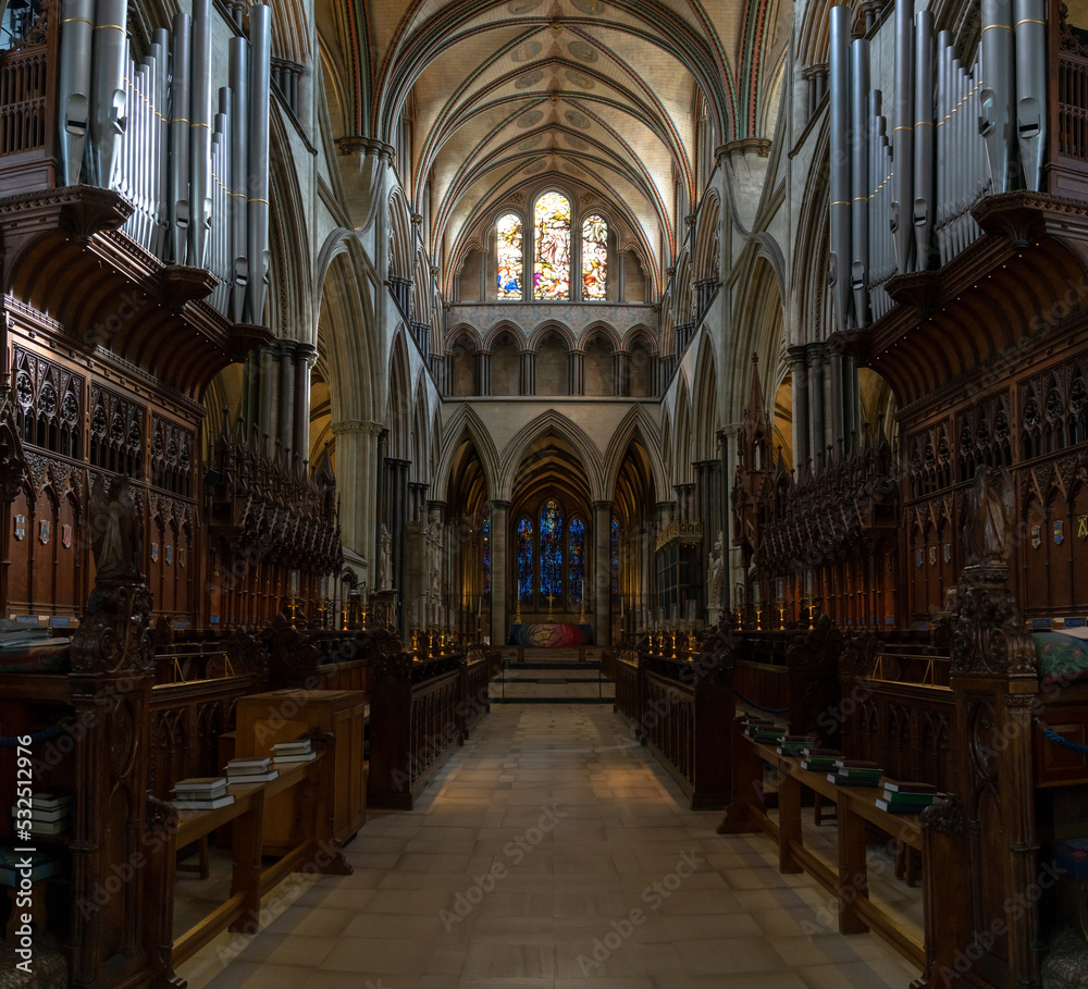 view of the elaborate woodwork and choir in the historic Salisbury Cathedral