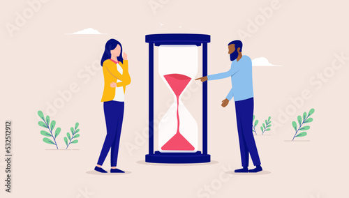 Working deadline - Two business people with sandglass waiting while time is running out. Flat design vector illustration