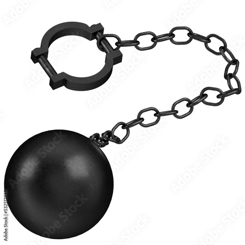 3d rendering illustration of a ball and chain with shackle