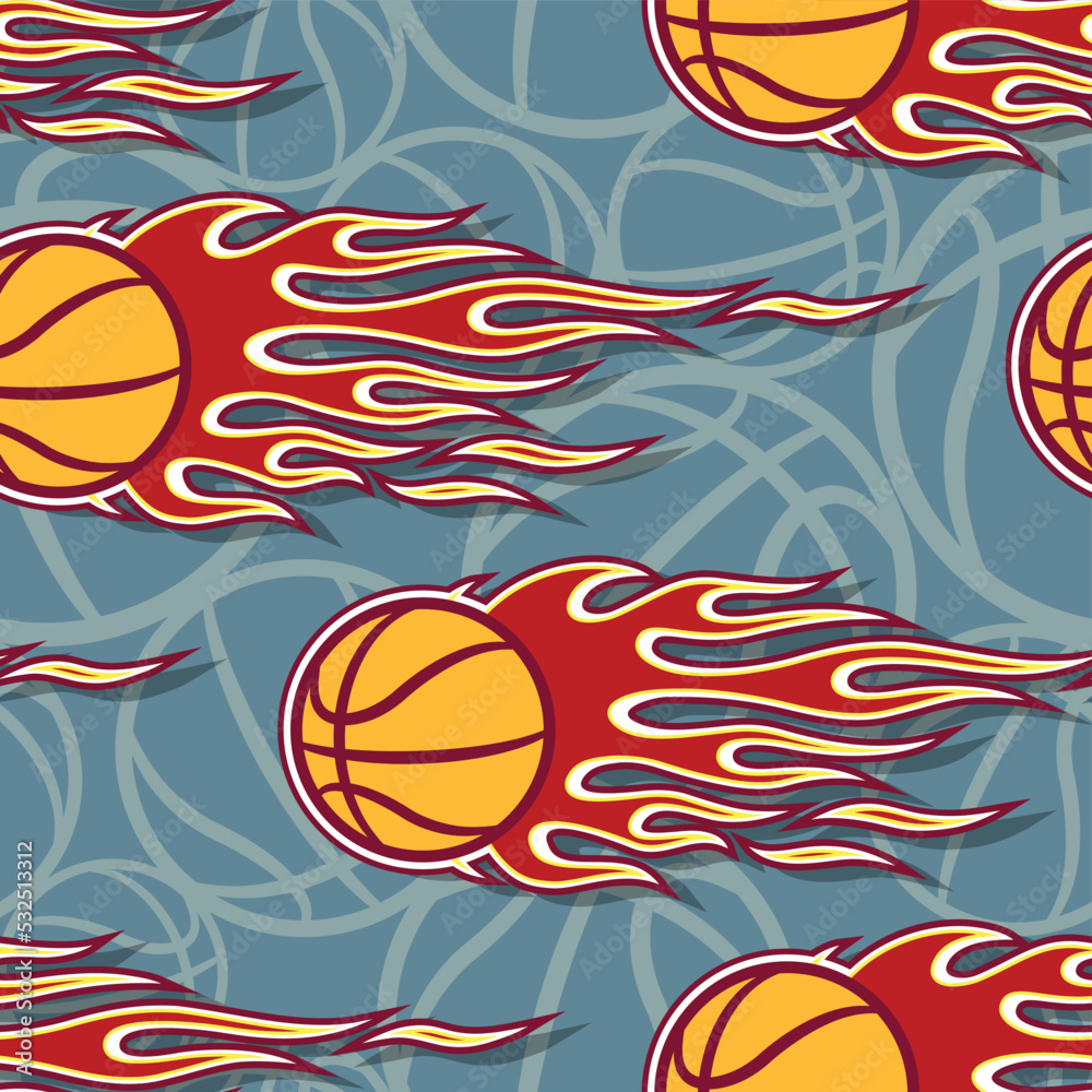 Seamless pattern with basketball ball and hot rod fire flame vector graphic. Ideal for wallpaper, cover, packaging, fabric, textile, wrapping paper design and any kind of decoration