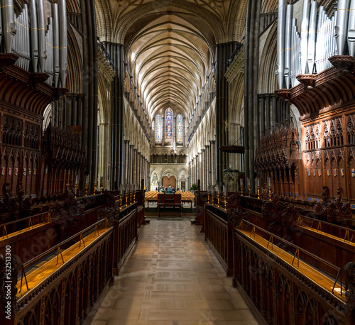view of the choir and the central nave inside the historic Salisbury Cathedral