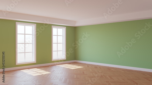 Fototapeta Naklejka Na Ścianę i Meble -  Sunny Interior ot the Green Room with a White Ceiling and Cornice, Glossy Herringbone Parquet Floor, Two Large Windows and a White Plinth. Beautiful Interior Concept. 3d render. 8K Ultra HD, 7680x4320