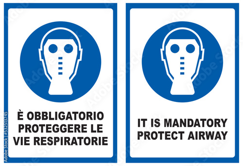 E' Obbligatorio proteggere le vie respiratorie, cartello, edilizia, cantiere, lavori, strada, avviso, segnaletica, ponteggi, edifici, aziende, cantieri, città, palazzi, opere murarie, architettura