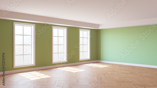 Corner of the Sunny Interior with Green Walls  Three Large Windows  White Ceiling and Cornice  Glossy Herringbone Parquet Flooring and a White Plinth. 3D Rendering. Ultra HD 8K 7680x4320  300 dpi