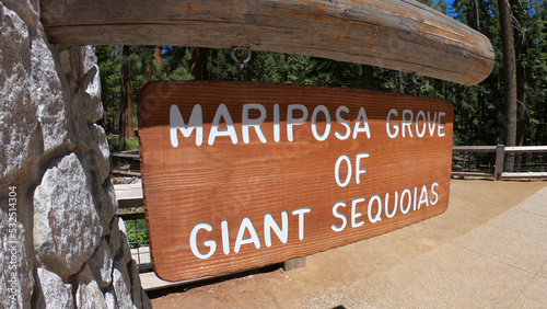 Mariposa Grove of Giant Sequoias entrance sign at the Big Trees Loop Trail in Yosemite National Park, California, USA.