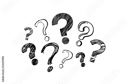 Question mark concept. Hand drawn question marks design on white paper.