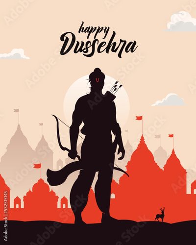 Happy Dussehra text with an illustration of Lord Rama and temple background for Indian festival Dussehra banner, template, card design