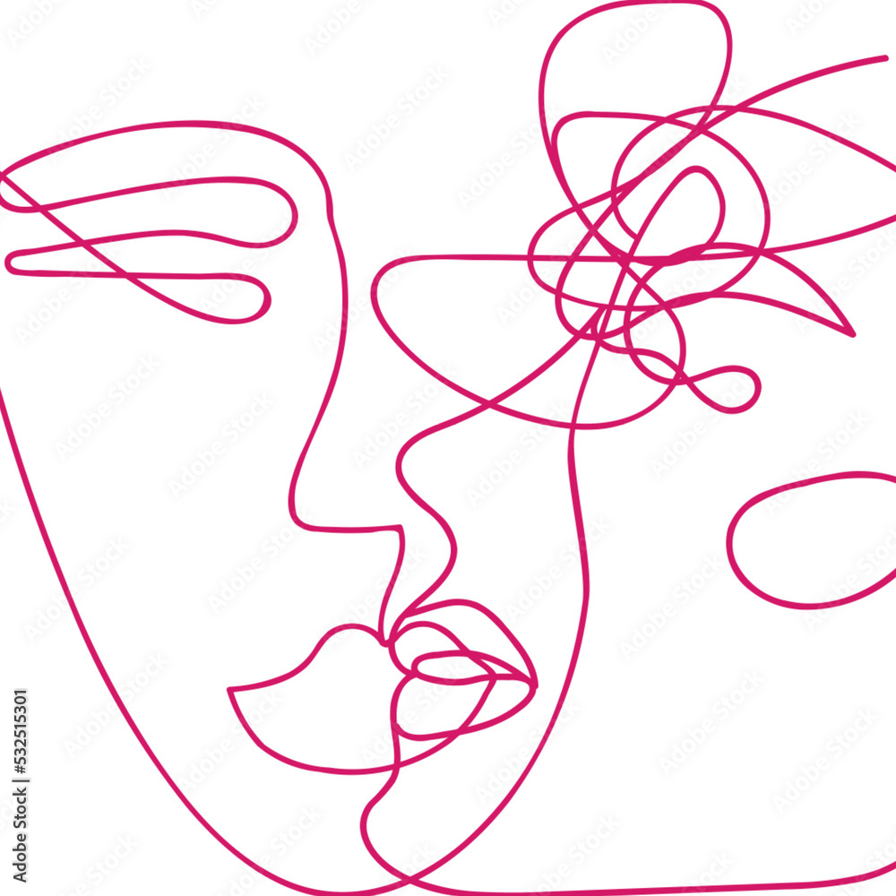 She scribbled face images in different angle positions in pink on a translucent background. She scribbled face images in different angle positions in pink on a translucent background.