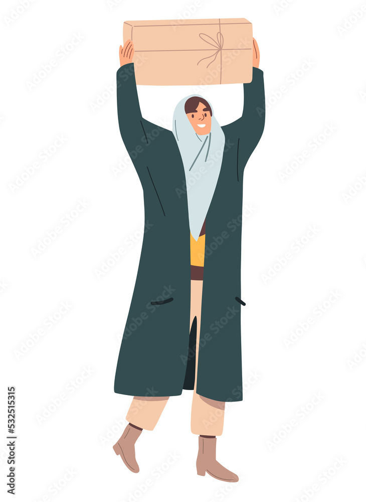 Happy woman walking with gift box for winter holiday. Person rejoicing, holding Christmas present in hands. Female going outdoors in wintertime. Flat illustration isolated on white background