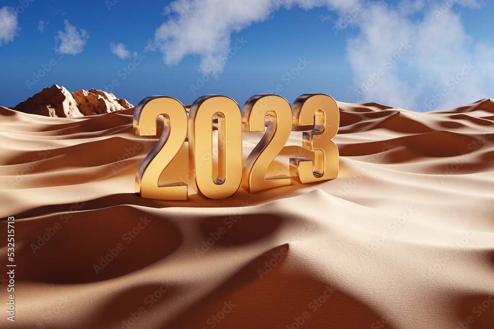 ภาพประกอบสต็อก 2023 Golden Metal Text in the Desert - 3D Illustration ...