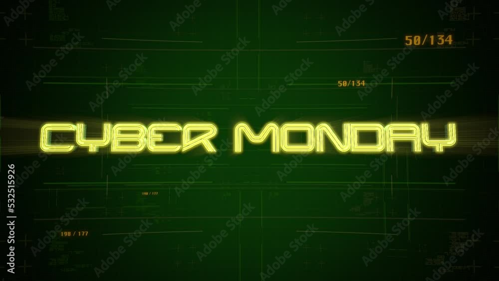 Cyber Monday on computer screen with numbers and grid, motion abstract holidays, futuristic and cyberpunk style background Cyber Monday on computer screen with numbers and grid, motion abstract holidays, futuristic and cyberpunk style background