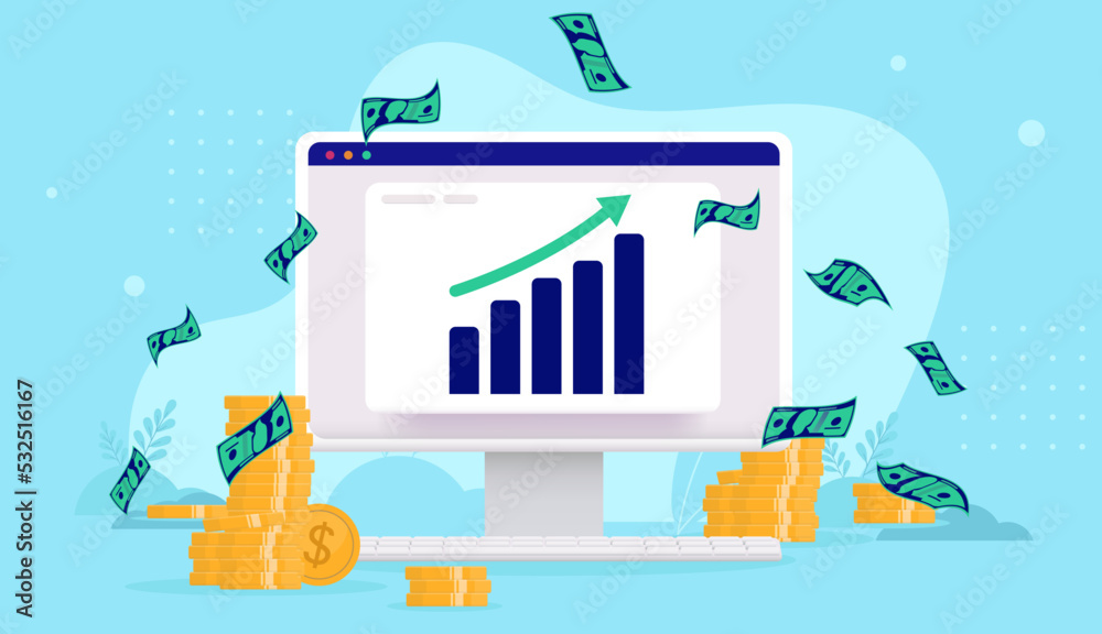 Obraz premium Making money online - Computer with chart and green arrow pointing up towards financial growth and success. Vector illustration