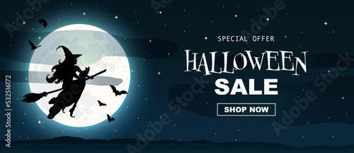 Halloween promo sale banner. Silhouette of a witch flying on a broomstick across full moon, bats, clouds. Template for vouchers, offers, coupons, holiday sales, Halloween discounts