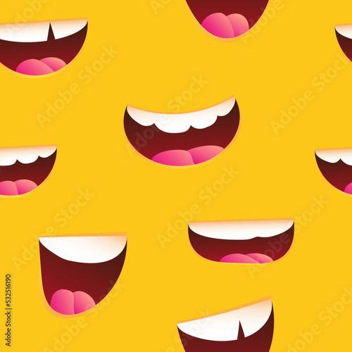 Seamless Pattern with smiling lips, mouth with tongue, white toothed smile expression mouth. Lips and mouth expressing different emotions, funny smiles on yellow background.