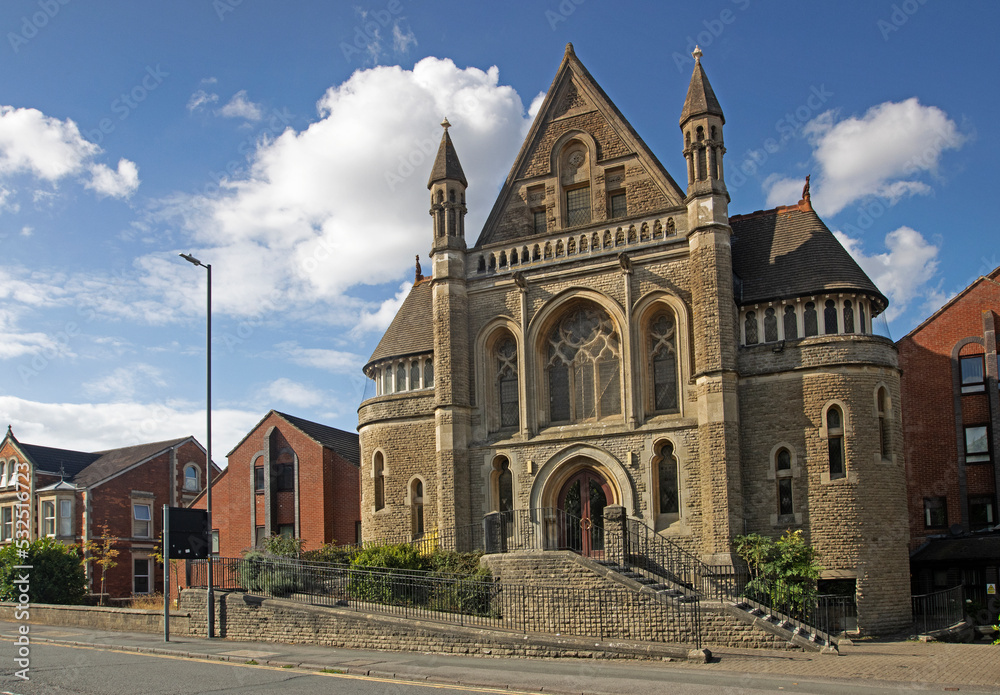 Converted church along Bath Road Methodist Church  in Swindon's Old Town against blue sky, built 1878