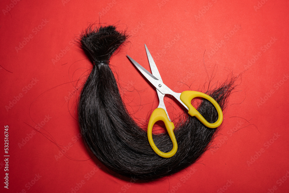 A lock of hair and scissors - obrazy, fototapety, plakaty 