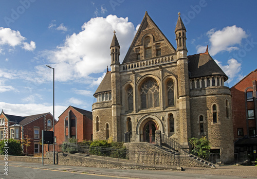 Converted church along Bath Road Methodist Church in Swindon's Old Town against blue sky, built 1878
