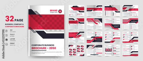 32 Page corporate business brochure, company profile, annual report, creative business card and stationary template design