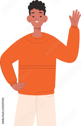 Black boy waving hand. Friendly greeting gesture