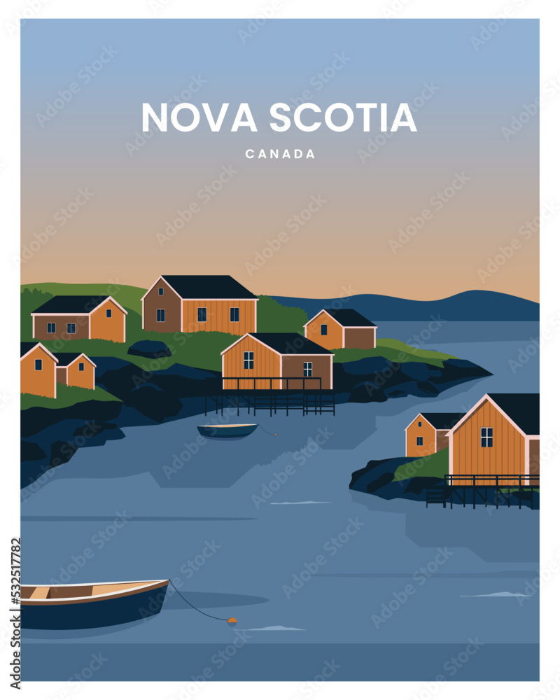 cityscape from the harbor in Nova Scotia landscape background. Travel to Nova Scotia Canada. cartoon vector illustration with minimalist style. - obrazy, fototapety, plakaty 
