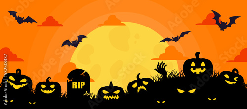 Halloween pumpkin silhouette and fly bat on full moon background. vector illustration flat design for banner, poster, wallpaper, and background.