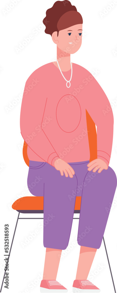 Obraz premium Waiting woman sit on red plastic chair. Smiling character