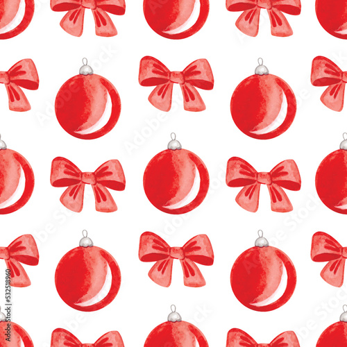 Watercolor Christmas ball pattern. Red bows and toys. Colorful watercolor element