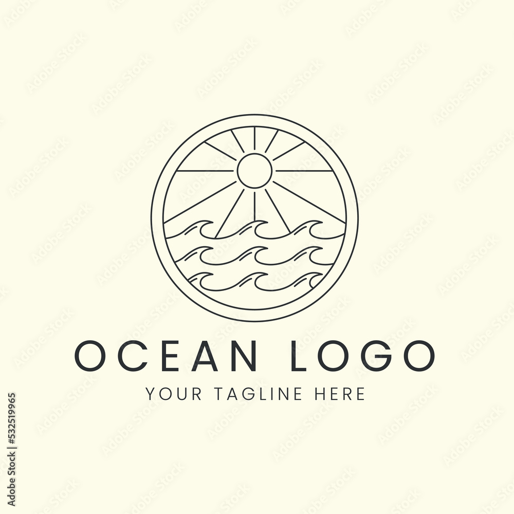 line art ocean minimalist with emblem style logo vector icon template illustration design. wave water, sun, sea, logo design line art ocean minimalist with emblem style logo vector icon template illustration design. wave water, sun, sea, logo design