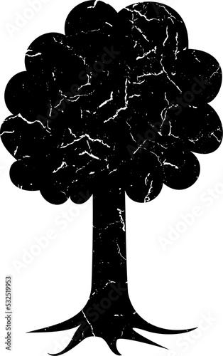 Black silhouette of a tree with a root. An impression or print with cracks or texture.