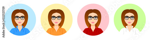 Women avatars. Office worker wearing glasses. IT developer or engineer. Programmer or designer. Young female student.