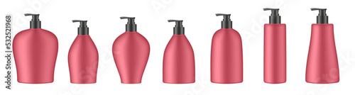 Set of red cosmetic bottles with pump. Dispenser. Liquid soap or shower gel. Professional shampoo