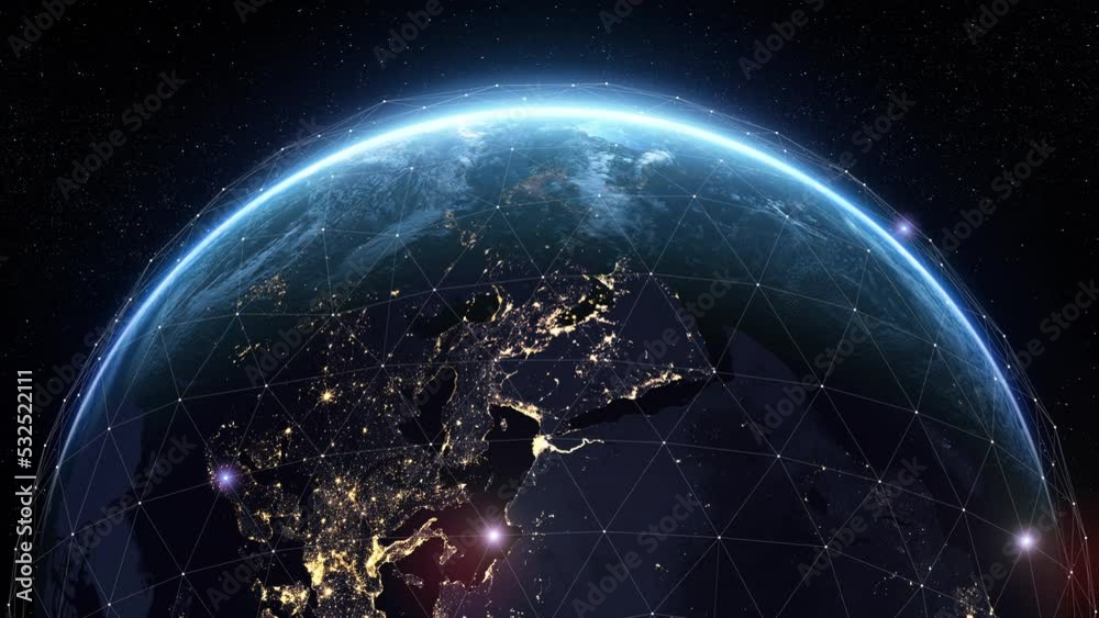 Futuristic Digital Grid Over the Earth Sunrise. Beautiful View from Space Satellite. Abstract Network Growing and Covering Planet. Modern Business and Technology Concept. 4k Ultra HD 3840x2160