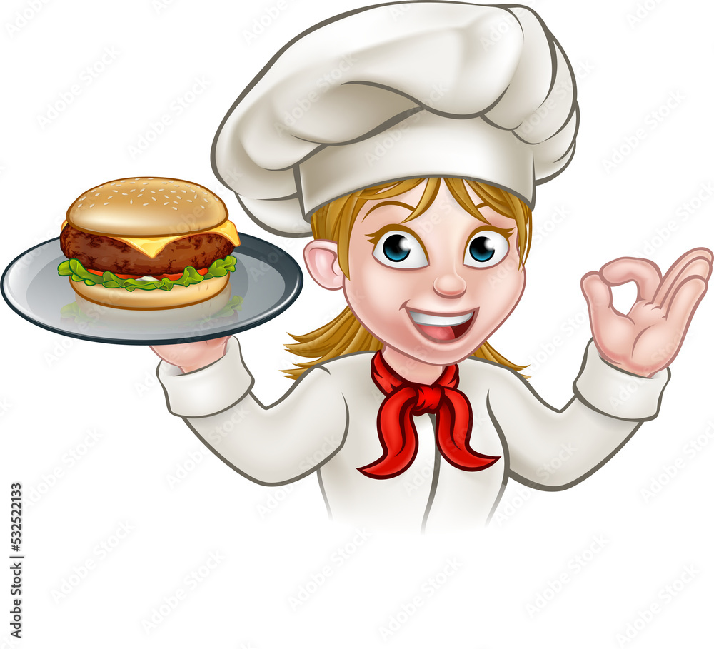 Chef Woman Cartoon Character Holding Burger Chef Woman Cartoon Character Holding Burger