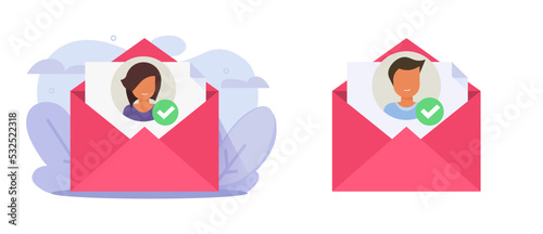 Approved account email message icon identity user check vector or mail letter with valid personal profile authorized checkmark, online selected member id graphic, confirmation contact verify accept