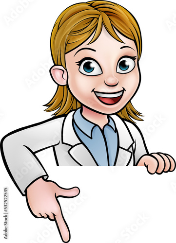 Pointing Cartoon Scientist Character Sign