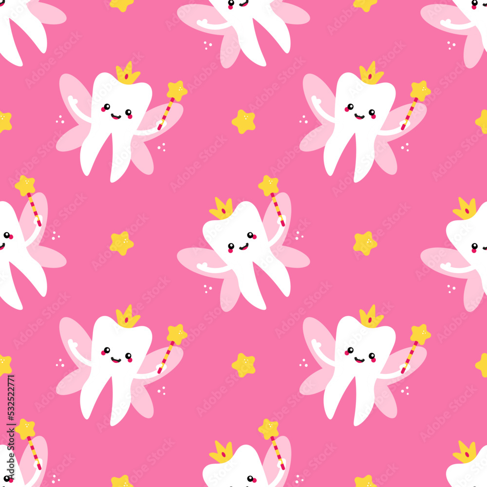Cute tooth fairy in crown with magic wand vector seamless pattern background for kids dental care design.