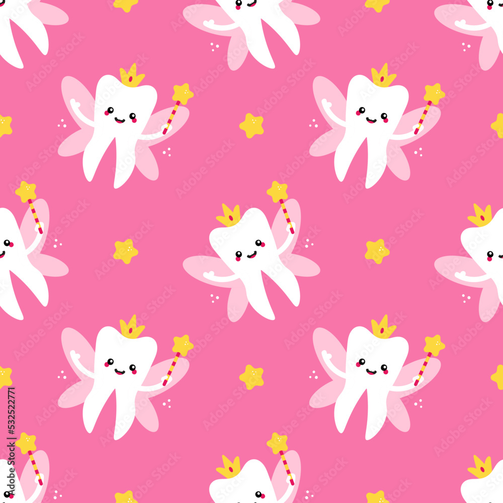 Cute tooth fairy in crown with magic wand vector seamless pattern background for kids dental care design. Cute tooth fairy in crown with magic wand vector seamless pattern background for kids dental care design.