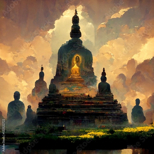 Buddhism inspired concept art. Buddhist religious painting. Buddha, Gods, temples, monks, colorful geometric shapes with cinematic light and epic set-up. Religious celebration, spirituality, sacred photo