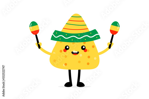 Cute nacho chip, tortilla chip character wearing sombrero and holding maracas. Vector illustration for mexican food festival celebration.
