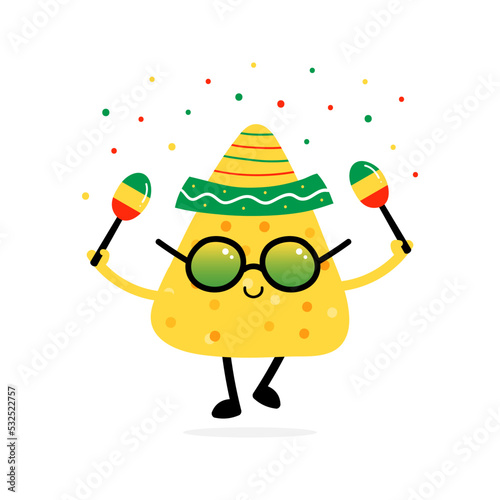 Cute nacho chip, tortilla chip character wearing sunglasses and sombrero, dancing with maracas. Celebration holiday or event. Vector illustration for National Nachos Day celebration.